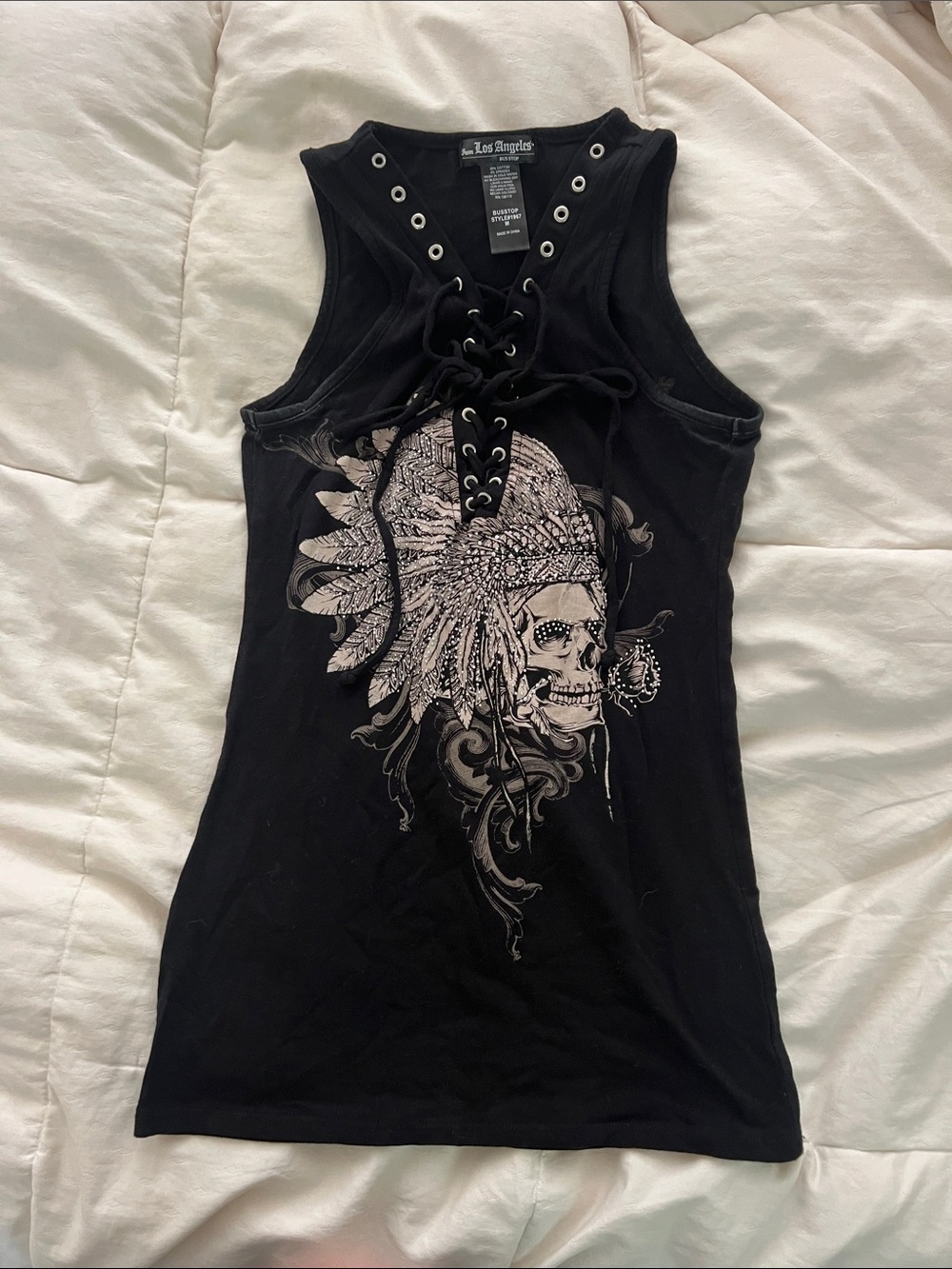 Los Angeles Apparel Black Lace-Up Skull Graphic Tank